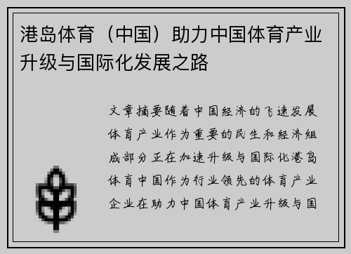 港岛体育（中国）助力中国体育产业升级与国际化发展之路